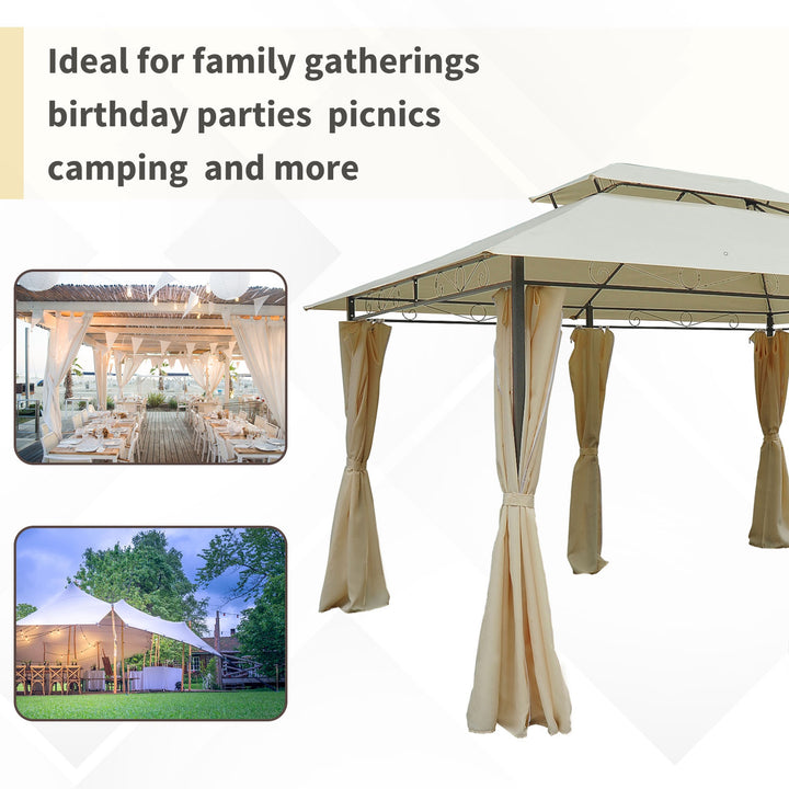MCL 4x3m Gazebo with Curtains, Double Roof Outdoor Shelter for Garden, Solid Steel Frame, Perfect for Lawn & Deck, Beige