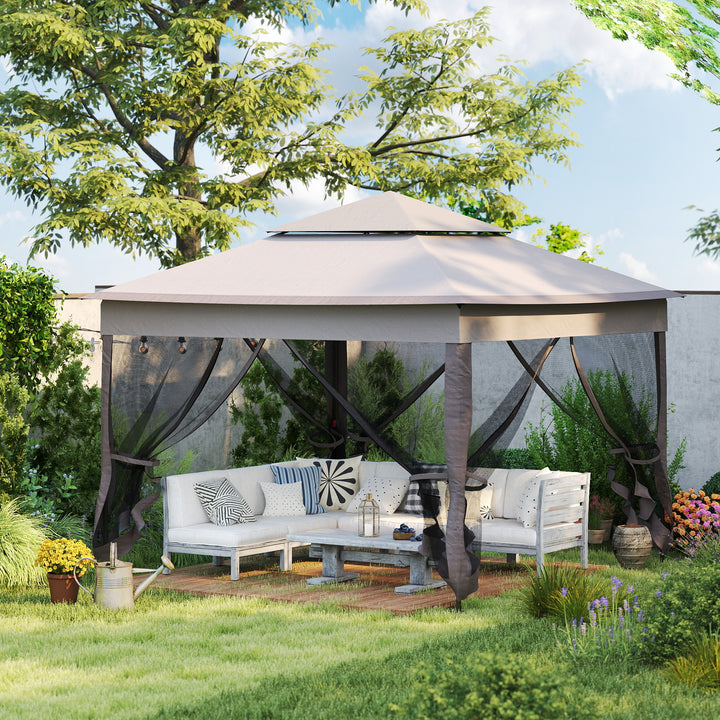3.25 x 3.25m Pop Up Gazebo, Double-roof Garden Tent with Netting and Carry Bag, Party Event Shelter for Outdoor Patio, Brown and Grey