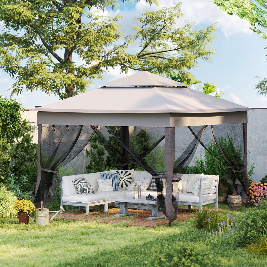 3.25 x 3.25m Pop Up Gazebo, Double-roof Garden Tent with Netting and Carry Bag, Party Event Shelter for Outdoor Patio, Brown and Grey