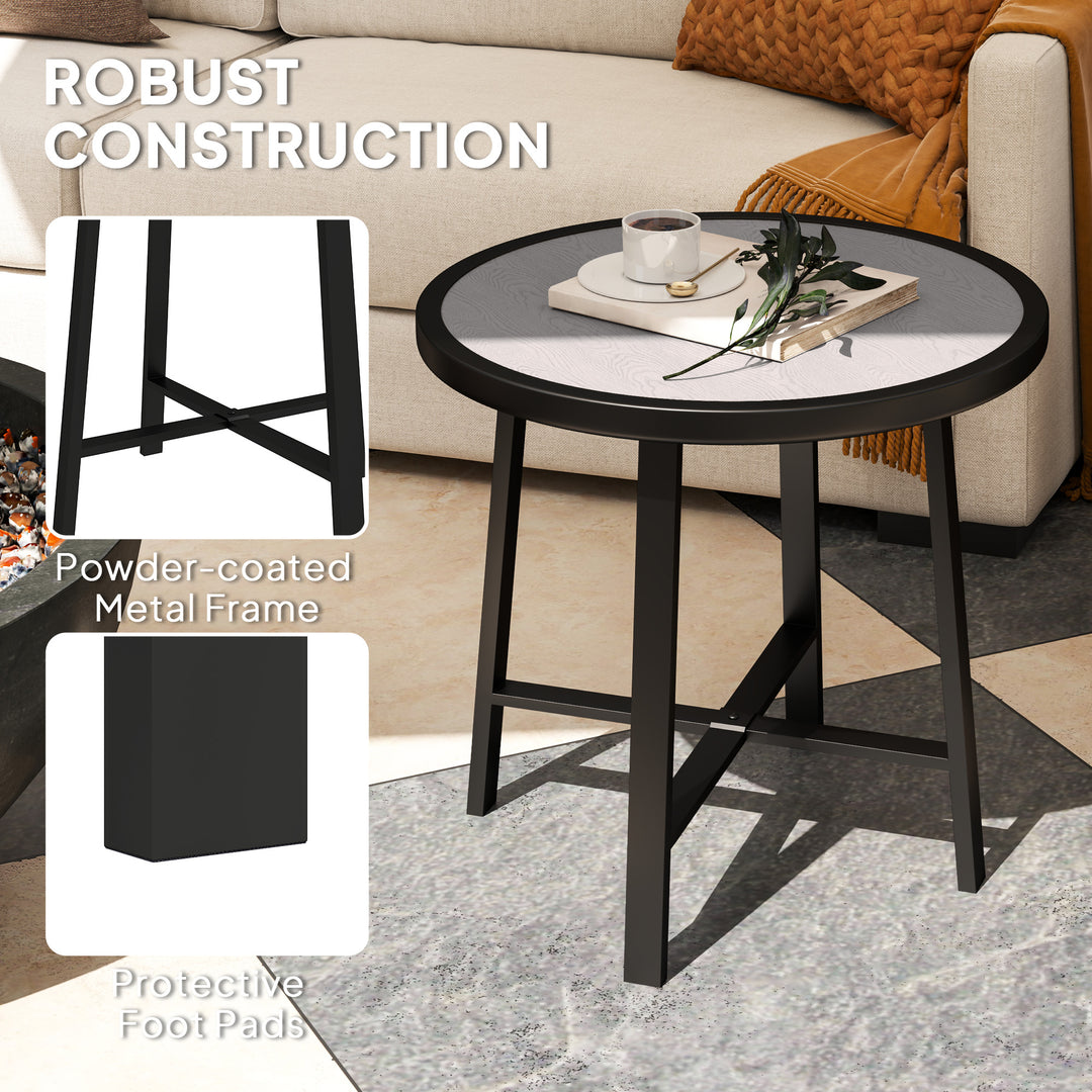 Round Small Garden Table, 50.5cm Outdoor Side Table with SPC Tabletop, Metal Frame and Anti-slip Foot Pads for Garden, Balcony, Grey Wood Effect