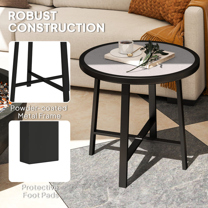 Round Small Garden Table, 50.5cm Outdoor Side Table with SPC Tabletop, Metal Frame and Anti-slip Foot Pads for Garden, Balcony, Grey Wood Effect