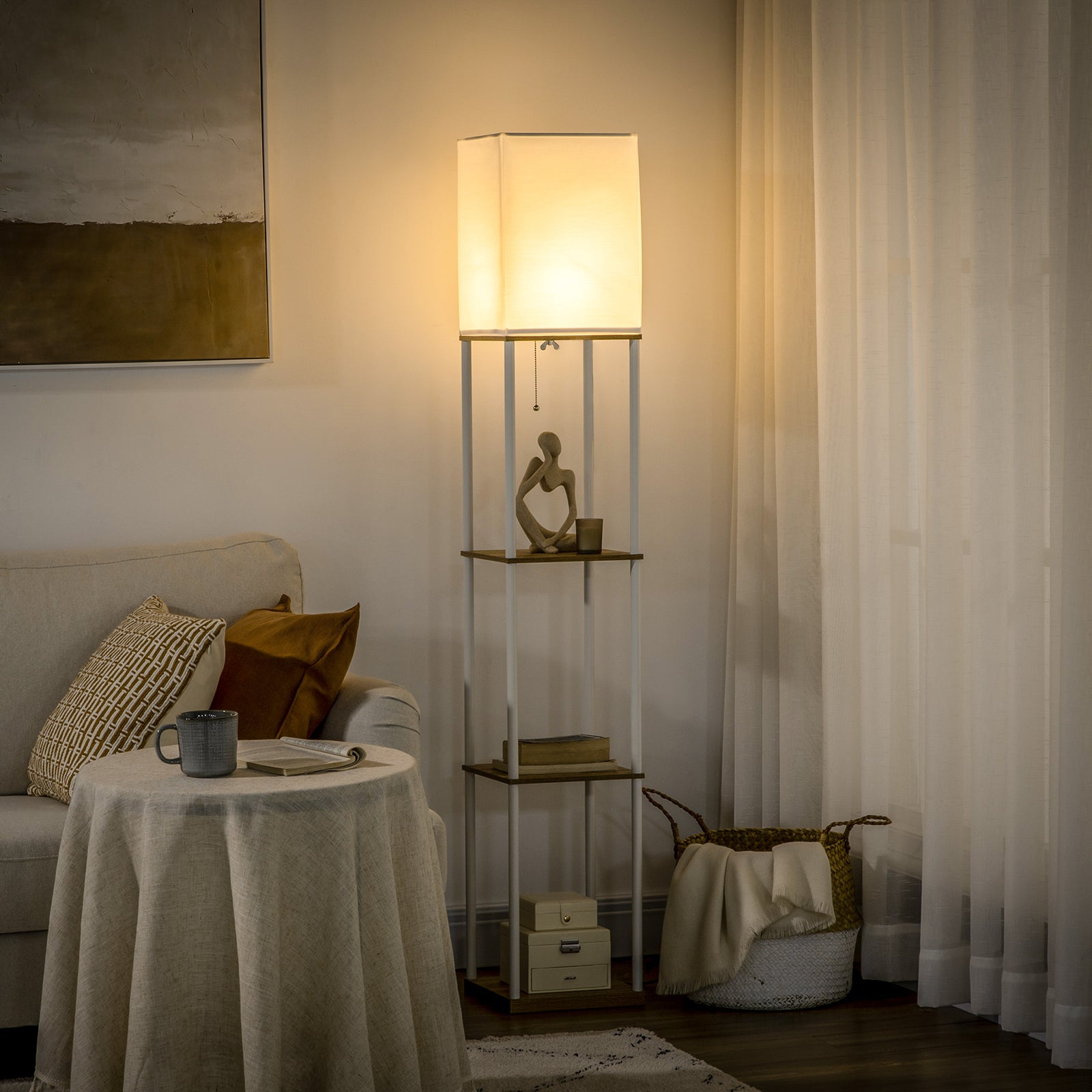 Modern Floor Lamp with Shelves, 3 Layer Shelf Tall Standing Lamp with Fabric Lampshade, Pull Chain Switch for Living Room, Bedroom, Bulb not Included, White