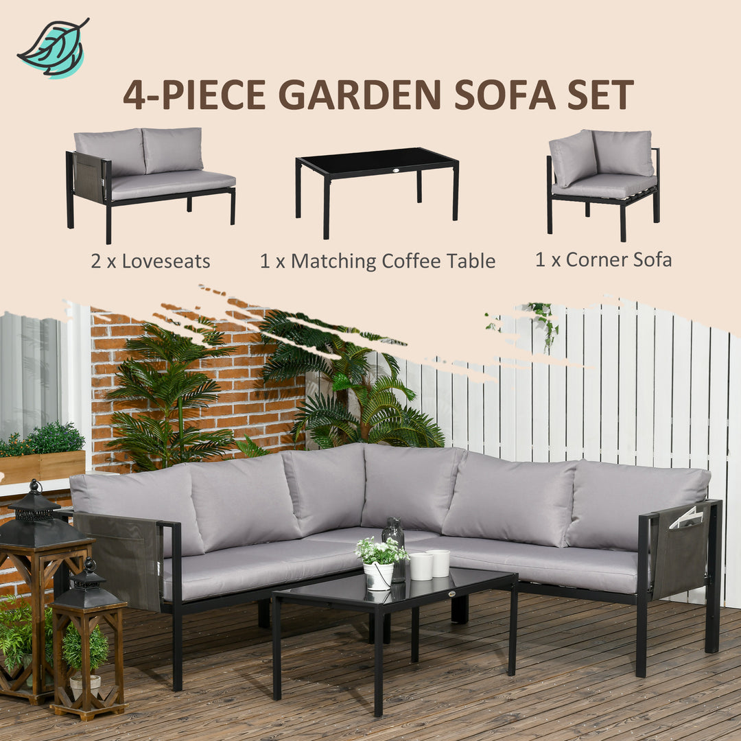 Outsunny 4 Piece Garden Furniture Set Metal Sofa Set w/ Tempered Glass Coffee Table, Conversational Corner Sofa Loveseat w/Padded Cushions Light Grey