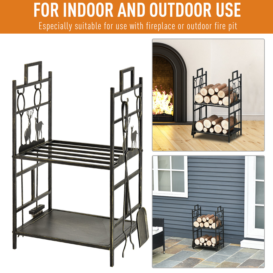 Metal Firewood Log Holder 2 Tier Firewood Rack Indoor Outdoor Fireplace Wood Storage Shelf with 4 Tools, Hooks, Elk Shape Design, Black Gold Tone, 51.5W x 33D x 77H cm