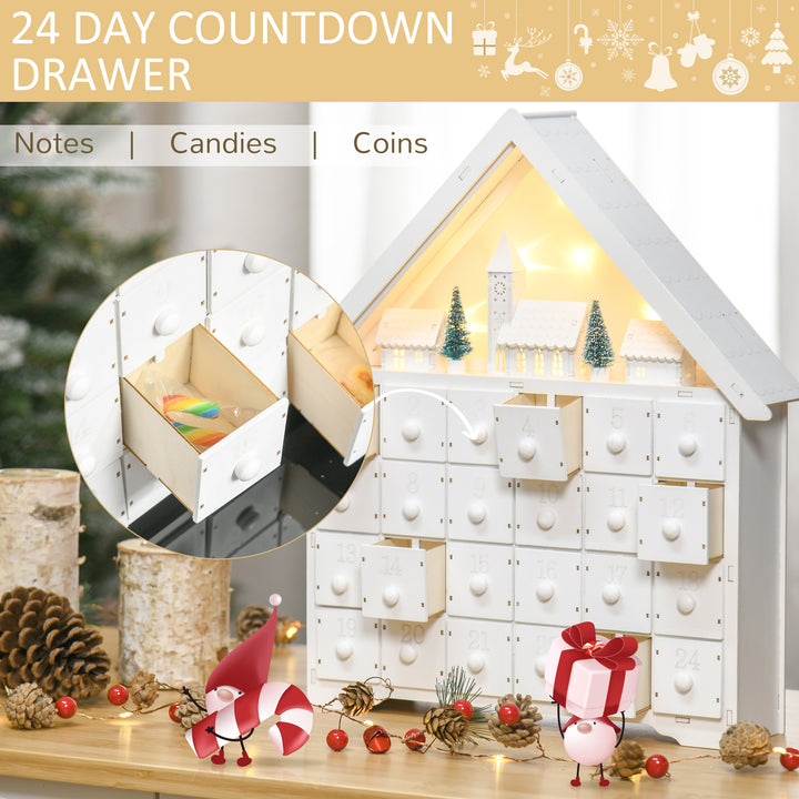 HOMCOM Christmas Advent Calendar, Light Up Table Xmas Wooden House Holiday Decoration with Countdown Drawer, Village, White | Aosom UK