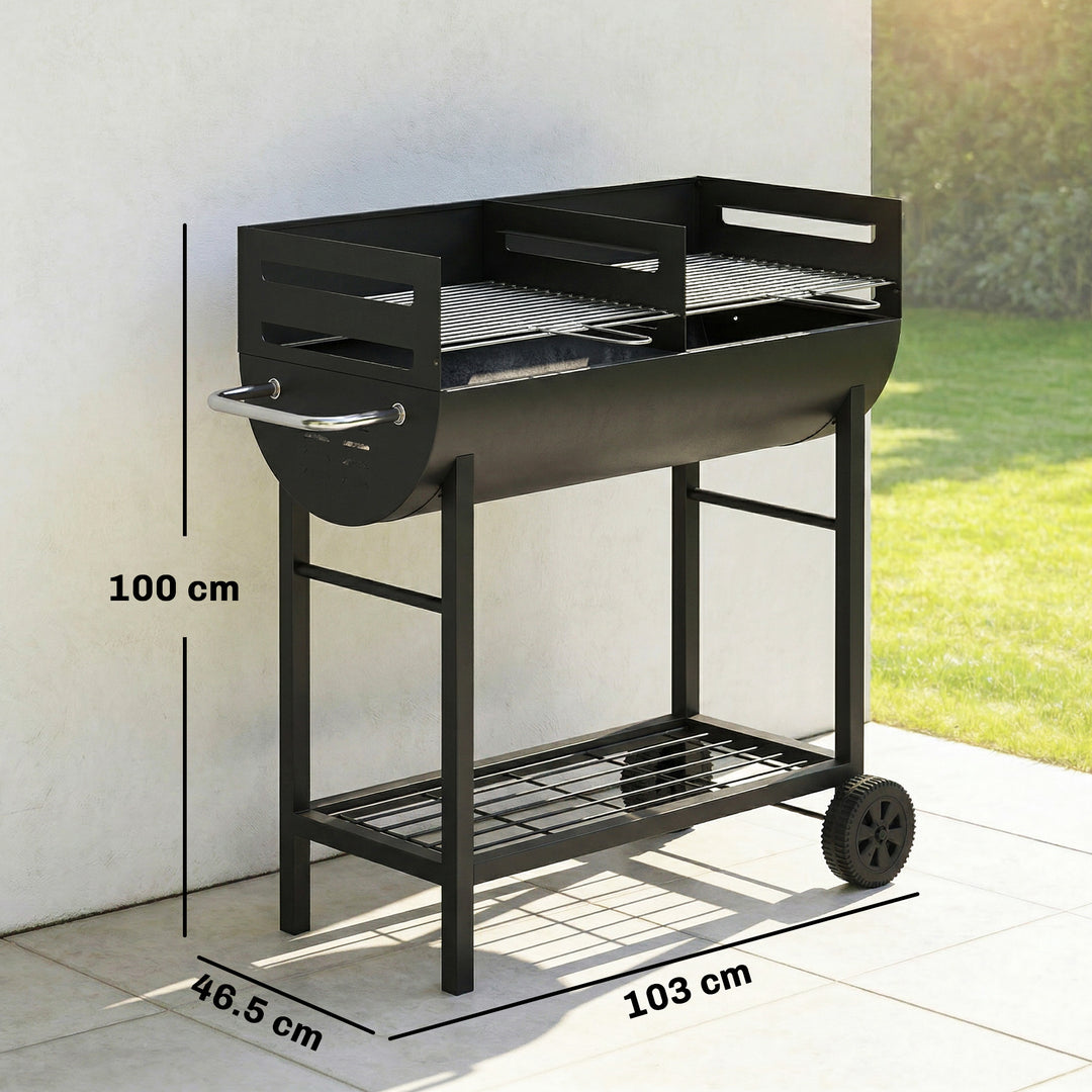 Charcoal Barbecue Grill with 2 Cooking Areas, Portable BBQ Trolley wit