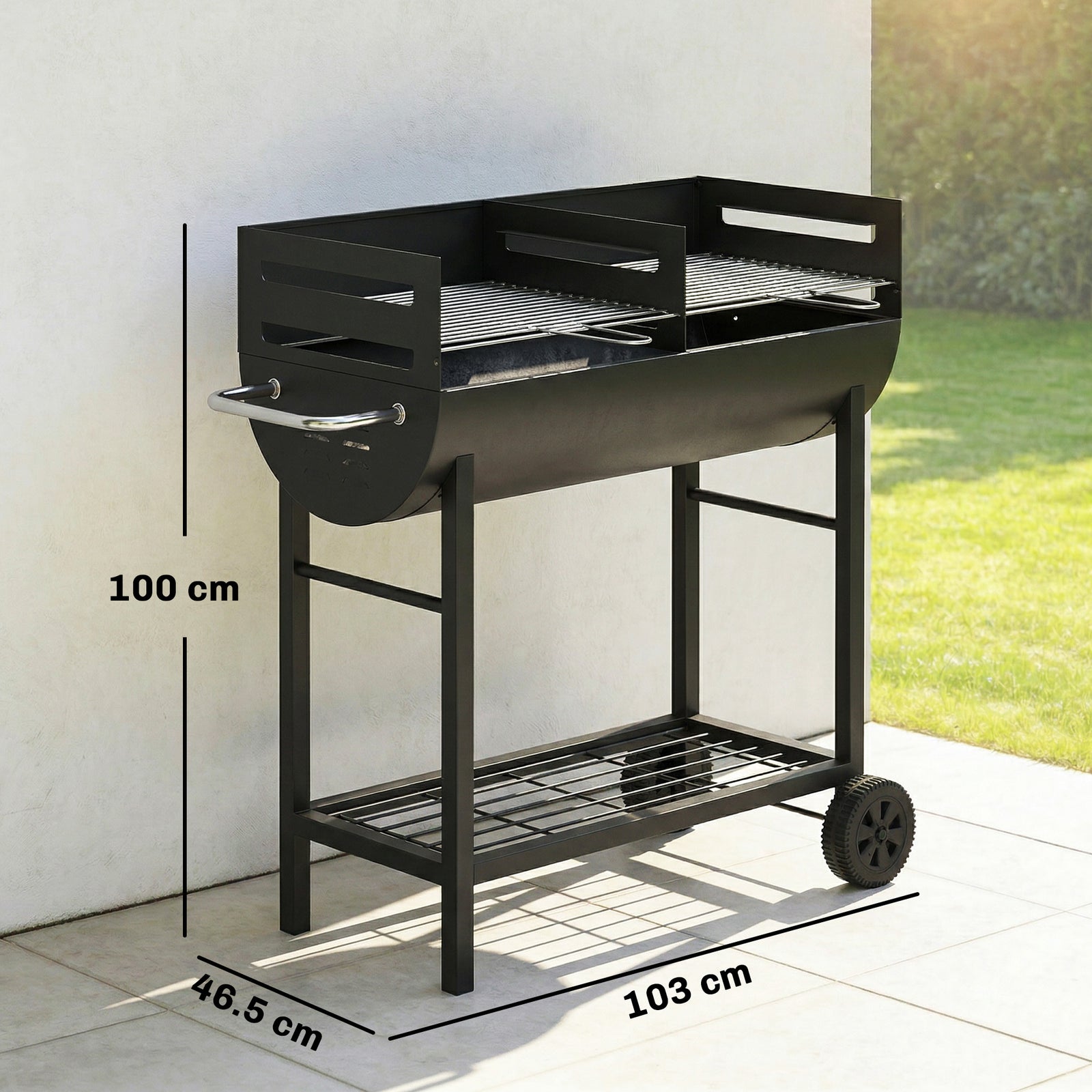 Charcoal Barbecue Grill with 2 Cooking Areas, Portable BBQ Trolley wit