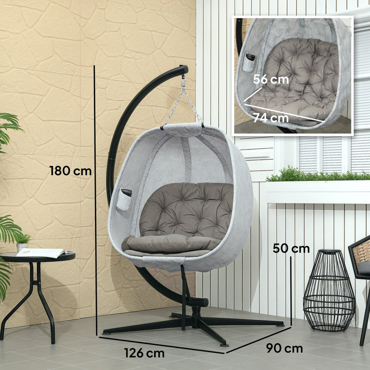 Hanging Egg Chair Outdoor Indoor Garden Swing Chair with Folding Basket, Garden Hanging Chair with Stand, Thickened Cushion, Cup Holder for Patio, Balcony, Sand Brown