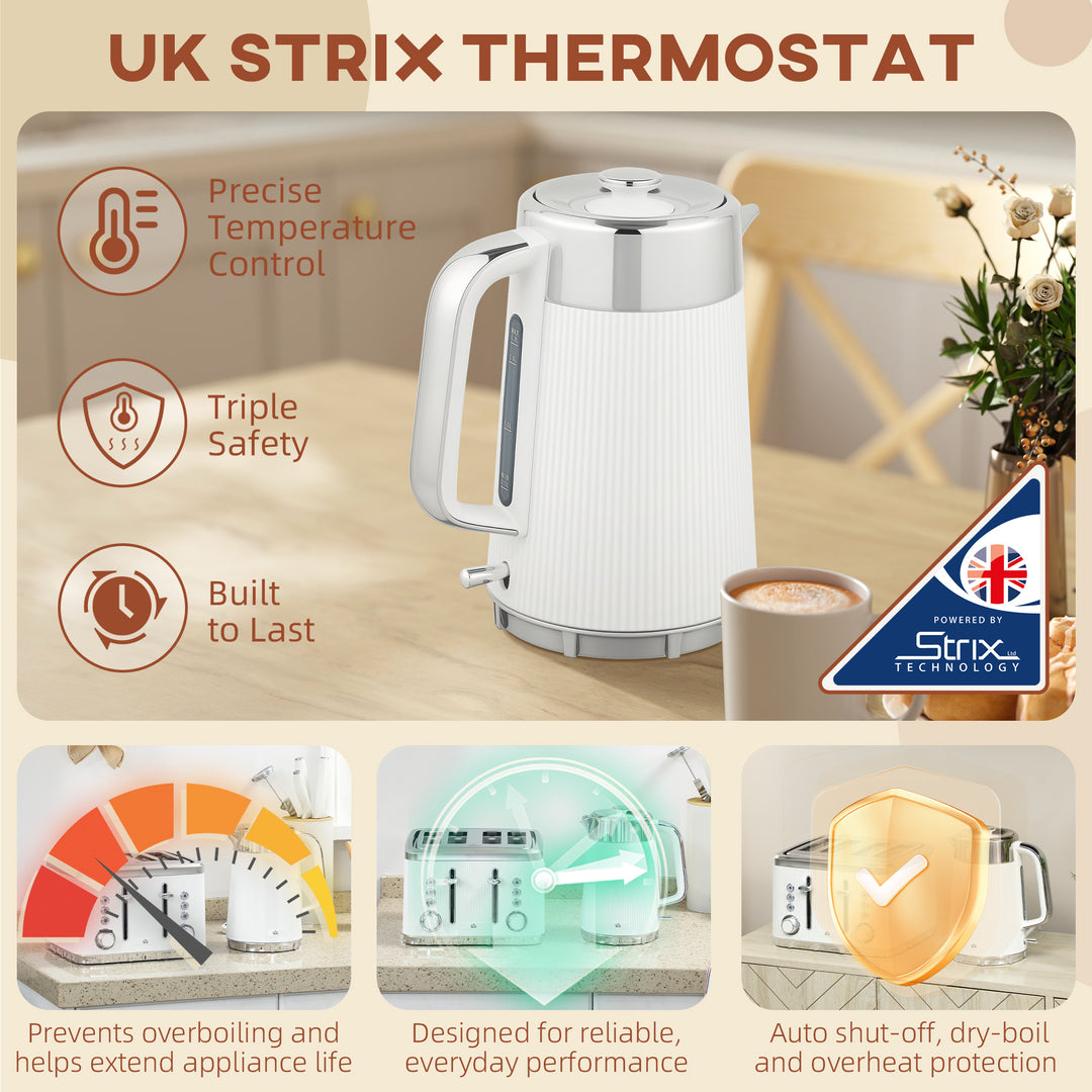 Electric Kettle and Toaster Set, 3000W 1.7L UK Strix Thermostat Rapid Boil Jug Kettle with Limescale Filter, Cool Touch Body, 4 Slice Toaster with 7 Browning Controls, Crumb Tray, White
