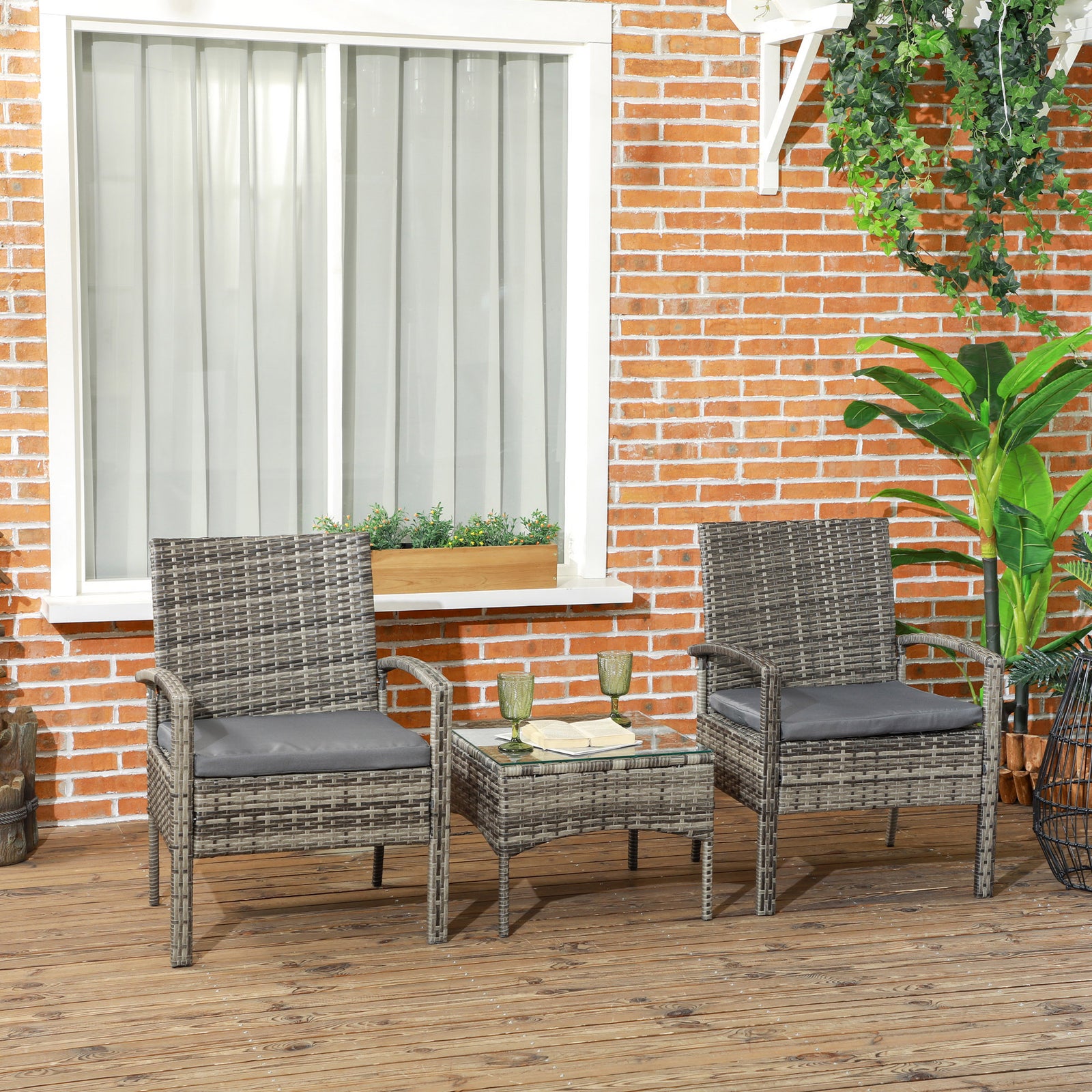 3 Pieces Rattan Bistro Set, Wicker Garden Furniture Set with Glass Top Coffee Table and Chairs, Washable Cushions for Outdoor, Patio, Balcony, Mixed Grey