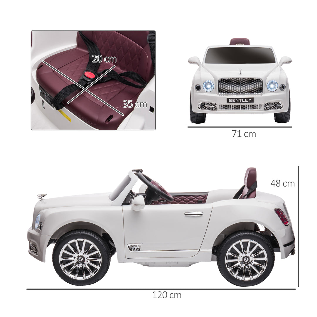 Bentley Mulsanne Licensed Kids Electric Ride-On Car, with Remote Control. LED lights, Music - White