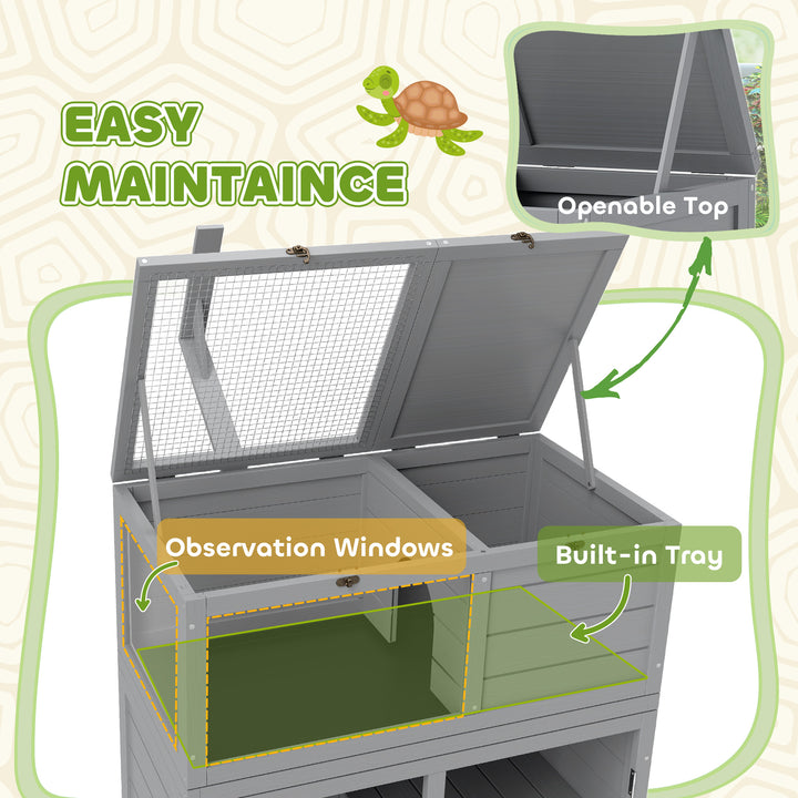 Wooden Tortoise House with Storage Cabinet, Openable Top, Lamp Holder, Windows, Light Grey