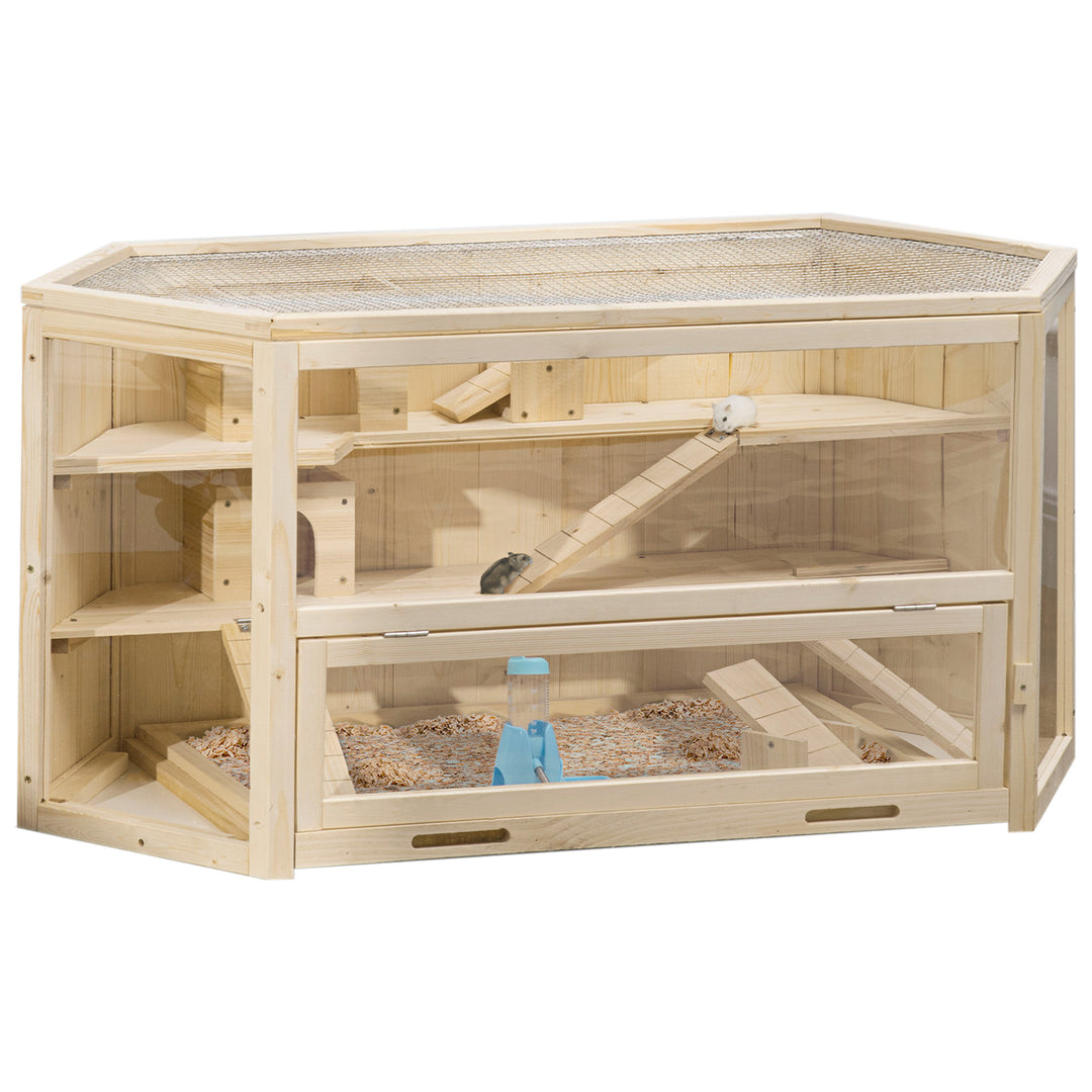 3 Tier Wooden Large Hamster Cage with Sliding Tray, Seesaws, Water Bottle, Natural