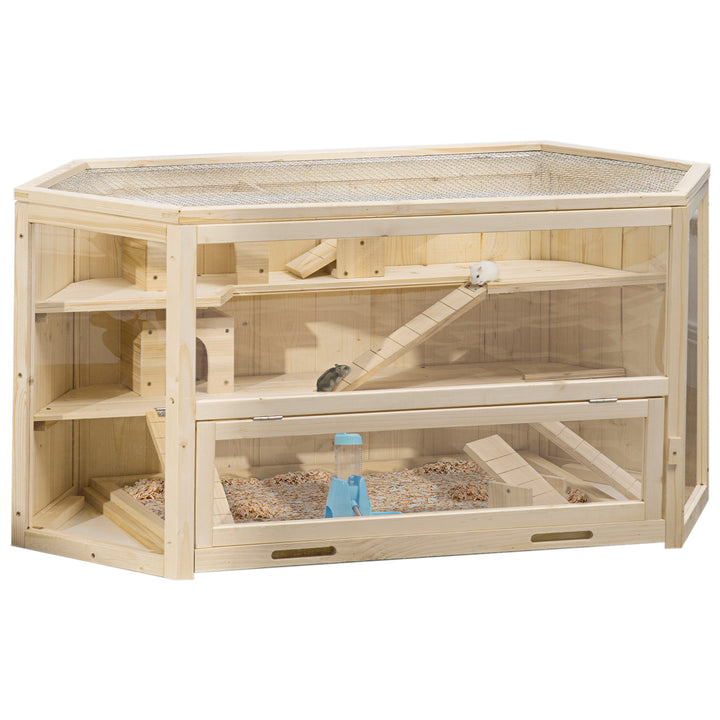 3 Tier Wooden Large Hamster Cage with Sliding Tray, Seesaws, Water Bottle, Natural