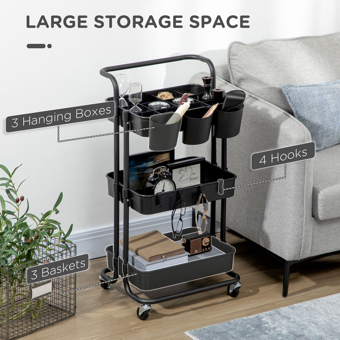 Three-Tier Home Trolley, with Handle and Wheels - Black
