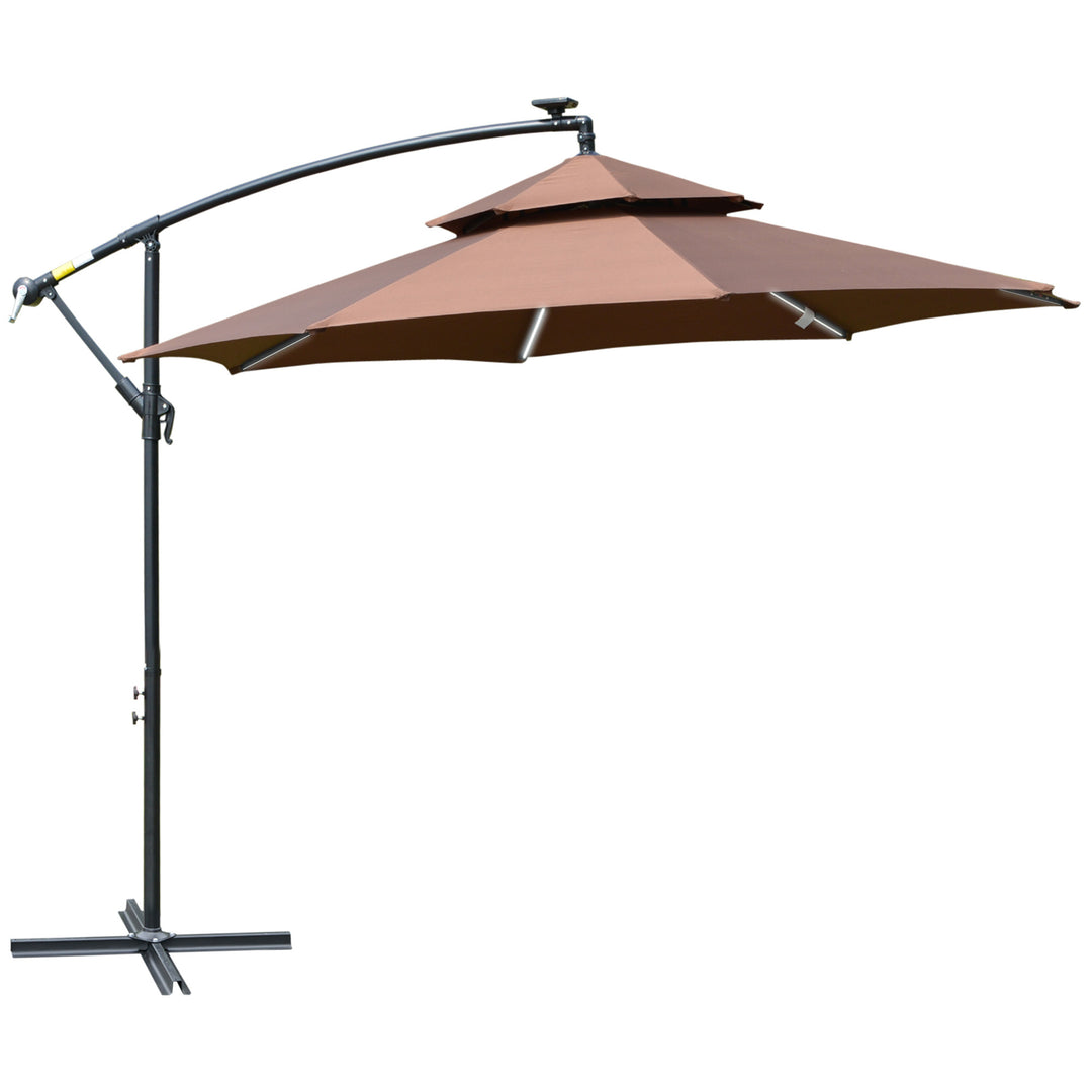 3(m) Cantilever Banana Parasol Hanging Umbrella with Double Roof, LED Solar lights, Crank, 8 Sturdy Ribs and Cross Base for Outdoor, Garden, Patio, Coffee