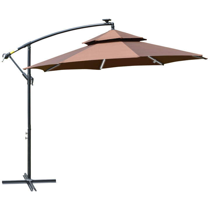 3(m) Cantilever Banana Parasol Hanging Umbrella with Double Roof, LED Solar lights, Crank, 8 Sturdy Ribs and Cross Base for Outdoor, Garden, Patio, Coffee