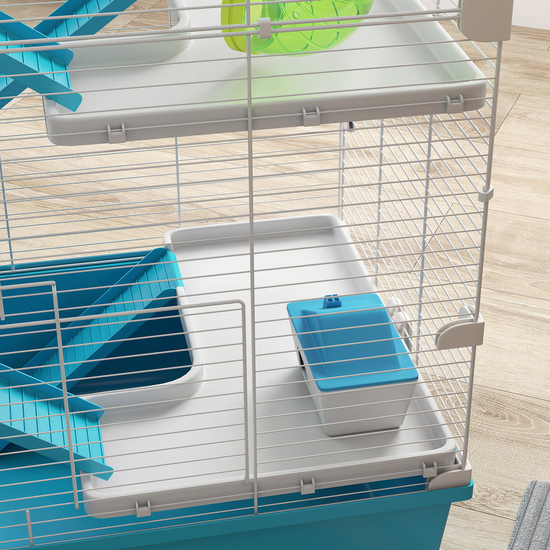 6 Tier Hamster Cage, Small Animal Cage with Tubes, Exercise Wheel, Ramps, Hut, Food Dish, Water Bottle, Light Blue