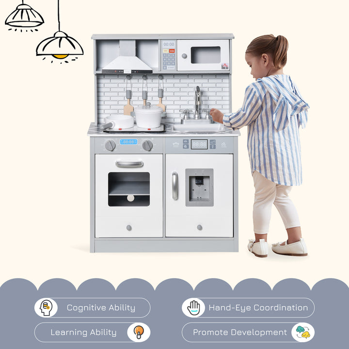 Kids Wooden Toy Kitchen Pretend Play Cooking Playset w/ Sound & Light Effect, Battery Operated Cooktop, Ice Machine, Marble Pattern Countertop, for 3-6 Years Old