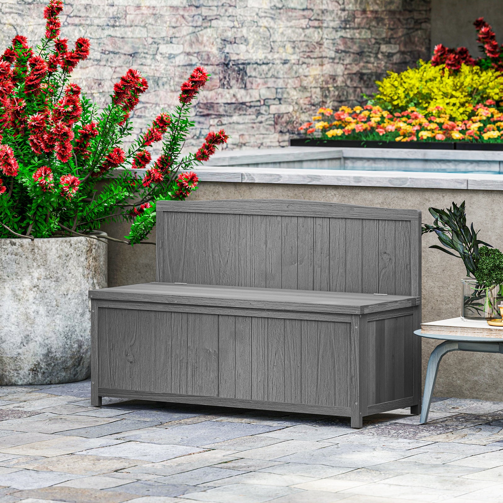 Wood Storage Bench for Patio Furniture, Outdoor Garden Seating Tools, Grey