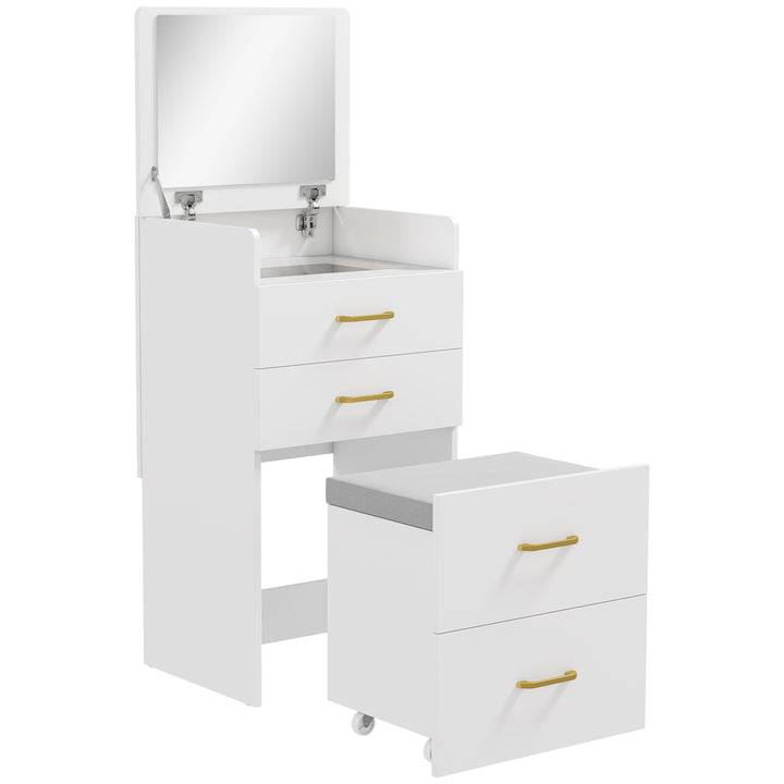 3 in 1 Dressing Table with Flip-top Mirror and Rolling Stool, Modern Vanity Desk with Visible Glass Tabletop, Drawers and Side Hook, Makeup Table with Cushioned Storage Stool for Bedroom, White