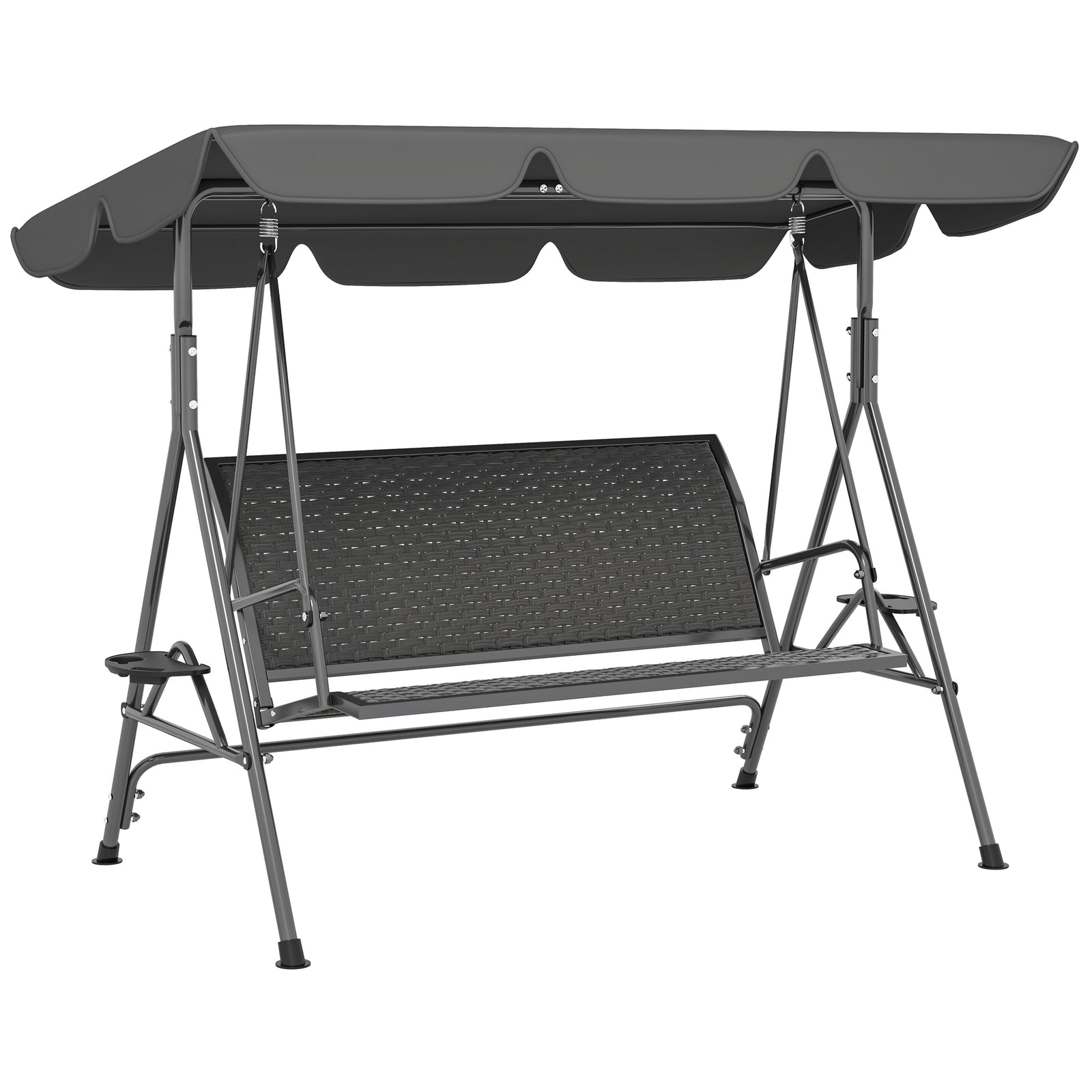 3 Seater Swing Chair, Garden Swing Seat Bench with Adjustable Canopy, Rattan Seat and Steel Frame for Patio, Yard, Grey