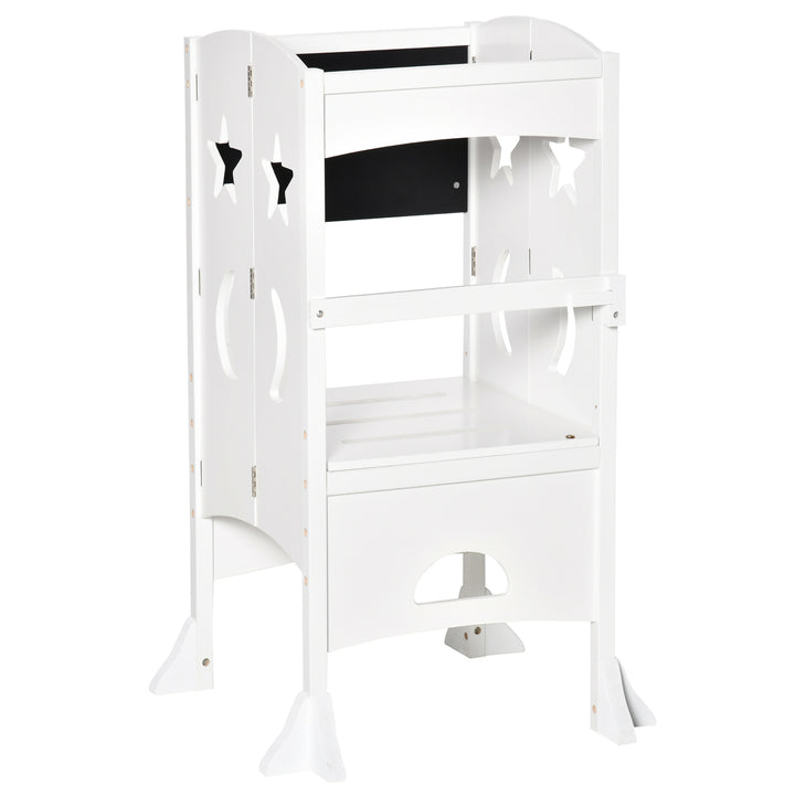 Kids Step Stool Toddler Kitchen Stool with Blackboard Lockable Handrail for Kids Kitchen Counter White