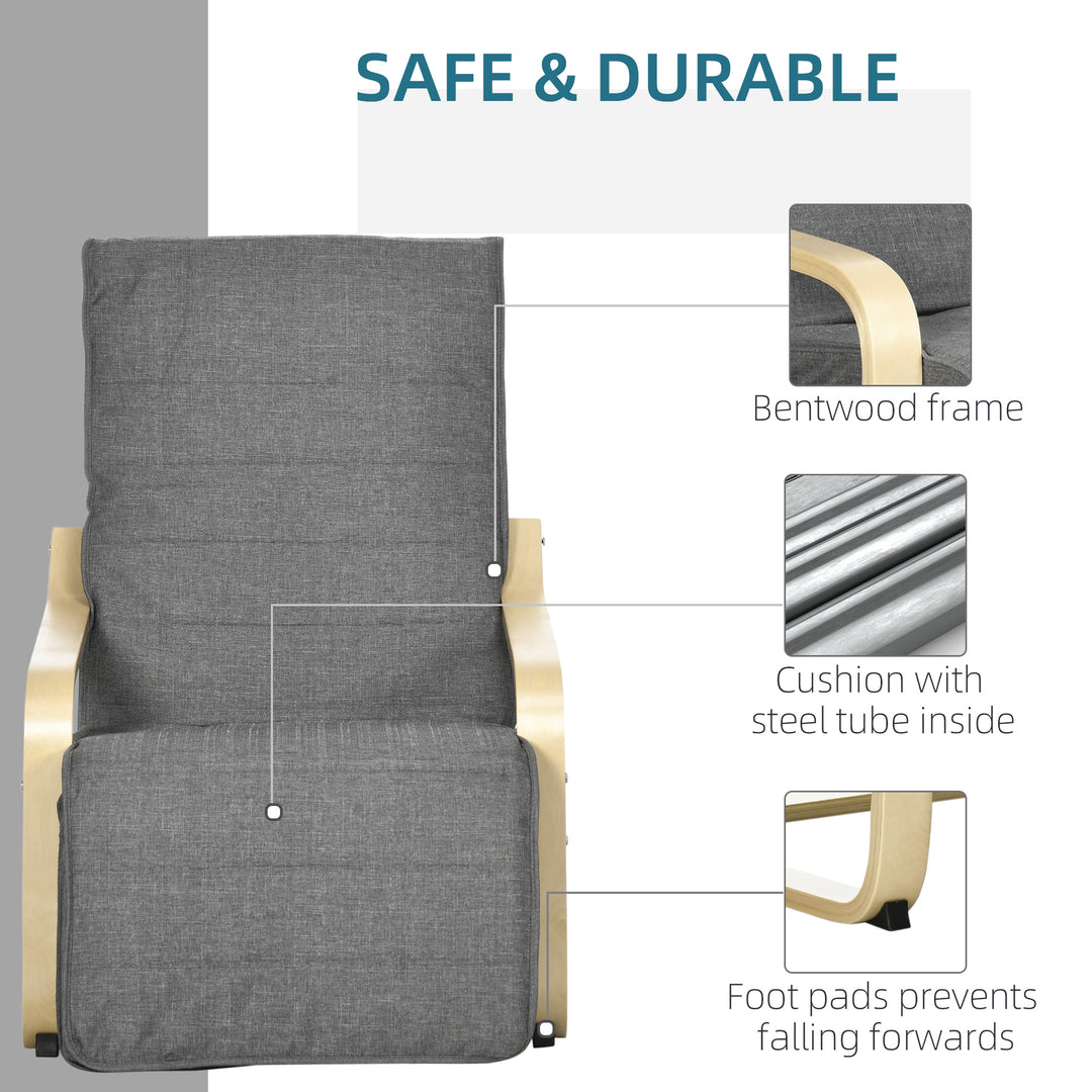 Wooden Armchair, Upholstered Linen Lounge Chair with Adjustable Footrest & Removable Cushion, Poang Chair for Living Room, Dark Grey