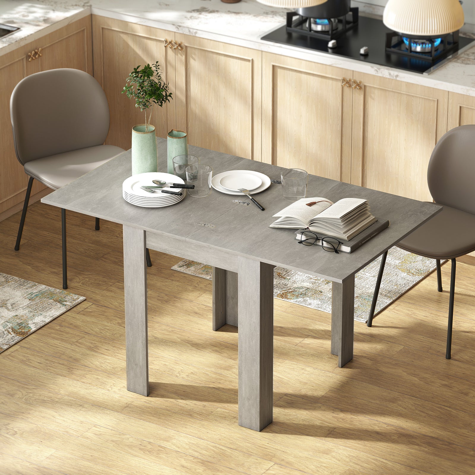 Folding Dining Table for 4-6, Rectangular Extendable Drop Leaf Table f