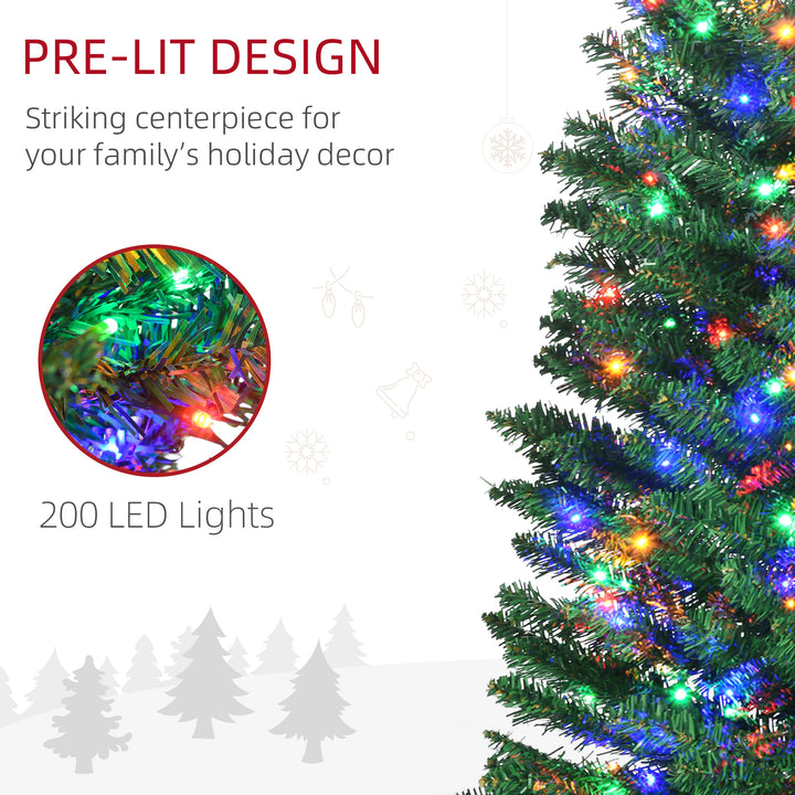 HOMCOM 7.5' Artificial Prelit Christmas Trees Holiday Décor with Colourful LED Lights, Pencil Shape, Steel Base