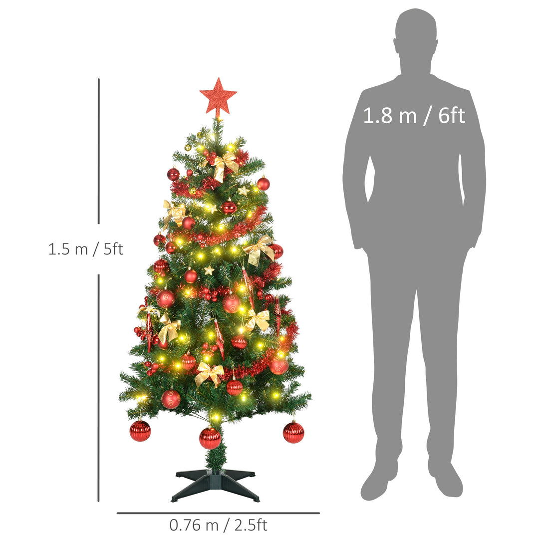 5' Artificial Prelit Christmas Trees Holiday Décor with Warm White LED Lights, Auto Open, Tinsel, Ball, Star