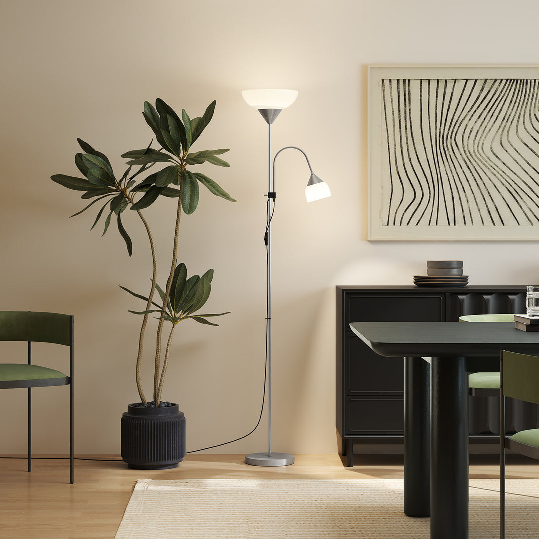LED Floor Lamp for Living Room, 180cm Tall Standing Lamp, Mother and Child Uplighter with Adjustable Gooseneck, Silver Tone