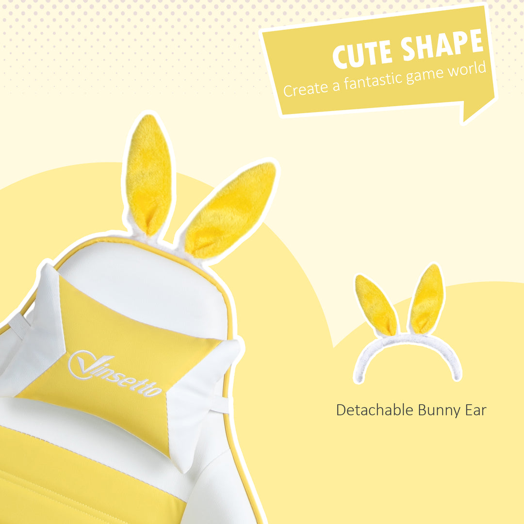 Reclining Racing Gaming Chair with Headrest and Lumber Support, PU Leather Computer Chair with Removable Rabbit Ears, Footrest, Yellow
