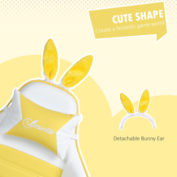 Reclining Racing Gaming Chair with Headrest and Lumber Support, PU Leather Computer Chair with Removable Rabbit Ears, Footrest, Yellow