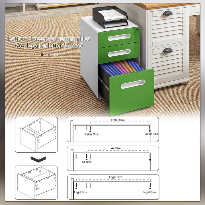 3 Drawer Filing Cabinet, Steel Lockable File Cabinet with Lock and Wheels, for A4, Letter, Legal Sized Files, Green