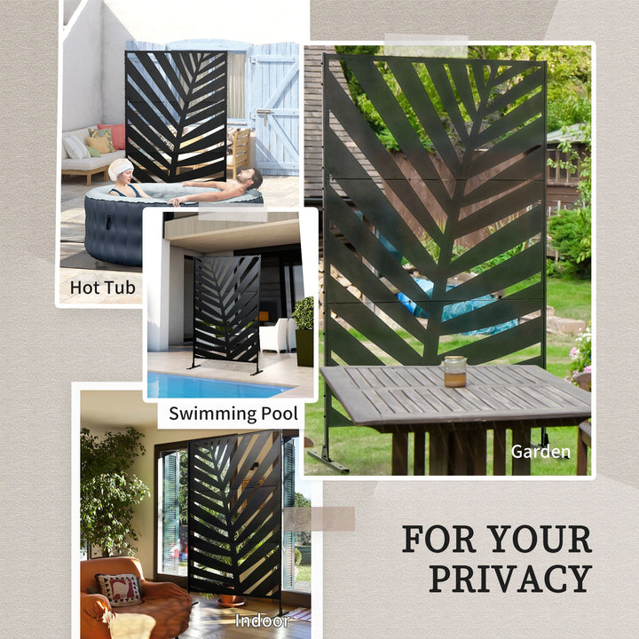 Decorative Privacy Screen with Stand, 6.5FT Freestanding Metal Outdoor Divider, Decorative Privacy Panel with Expansion Screws for Garden Patio Pool Hot Tub, Banana Leaf Style, Black