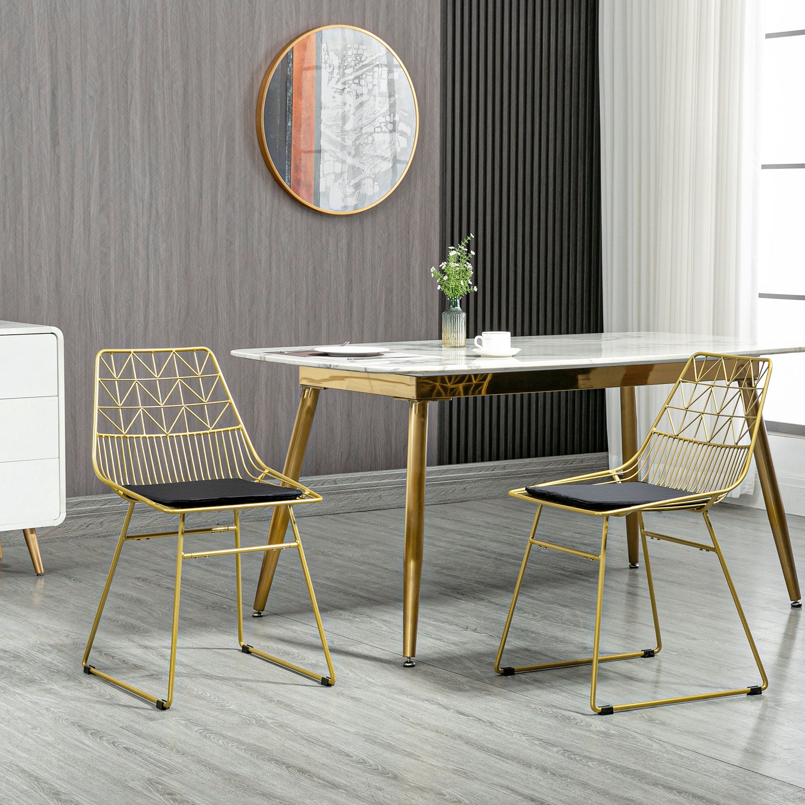 Luxurious Dining Chairs Set of 2, Metal Wire Kitchen Chair with Removable Velvet-feel Cushion, Cut-out Back and Steel Frame for Dining Room, Gold Tone