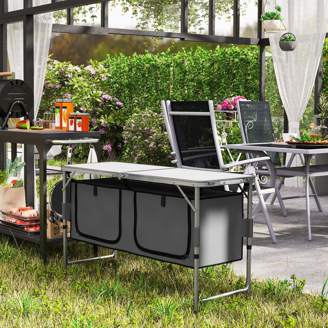 MCL 4ft Folding Camping Cupboard Kitchen, Height Adjustable Aluminium Camping Table with Storage, Lightweight Picnic Table for Outdoor Garden BBQ Party