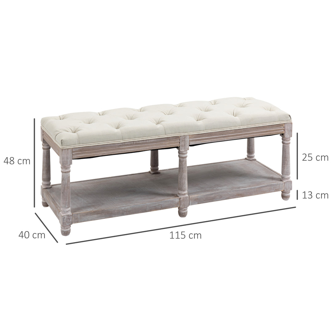 MCL 2-Tier Bed End Bench, Vintage Stool, Wooden Window Seat with Storage Shelf, Button Tufted Upholstered Footstool for Living Room, Bedroom, Entryway, Cream White