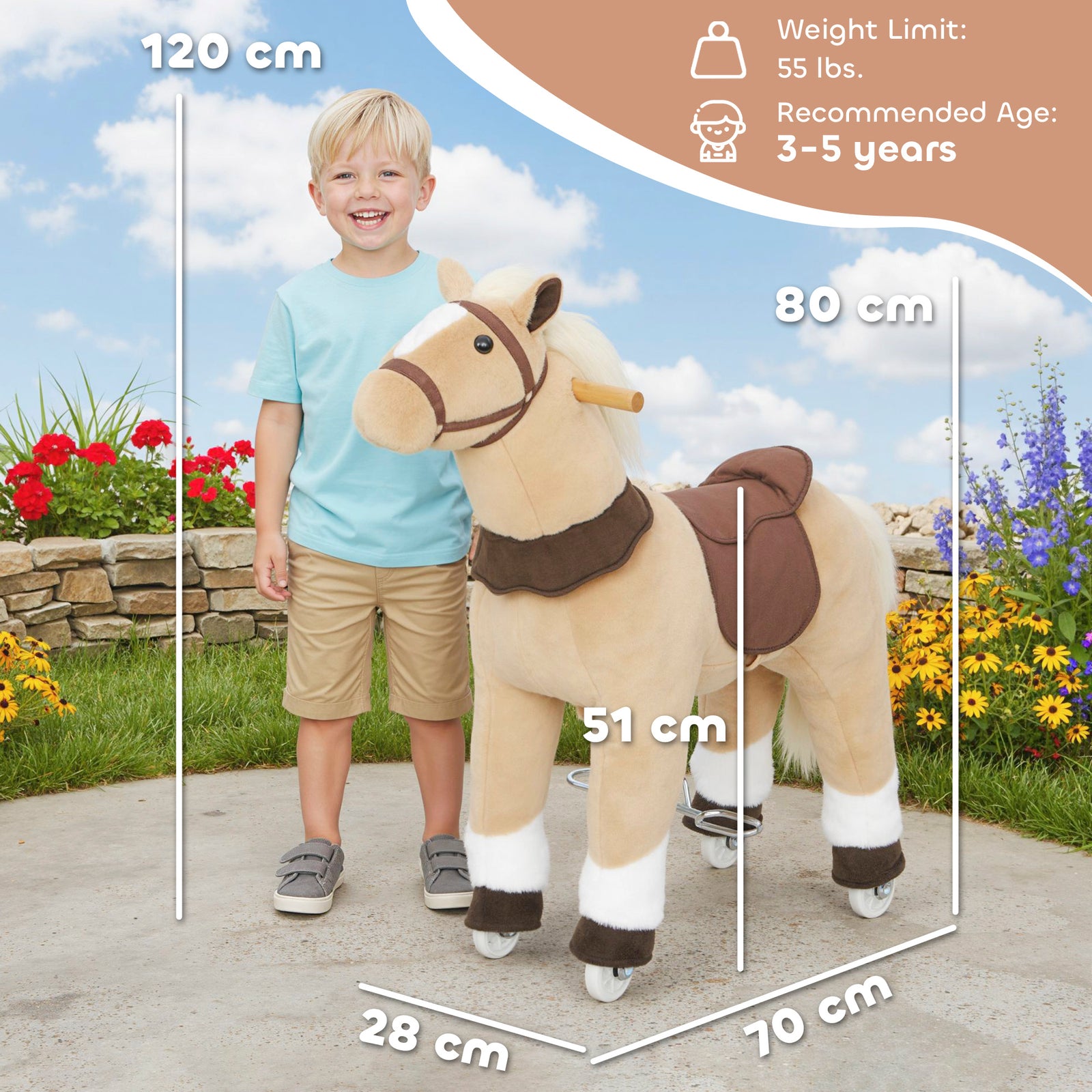 Rocking Horse, Plush Ride On Horse with Rolling Wheels & Saddle, Ride 
