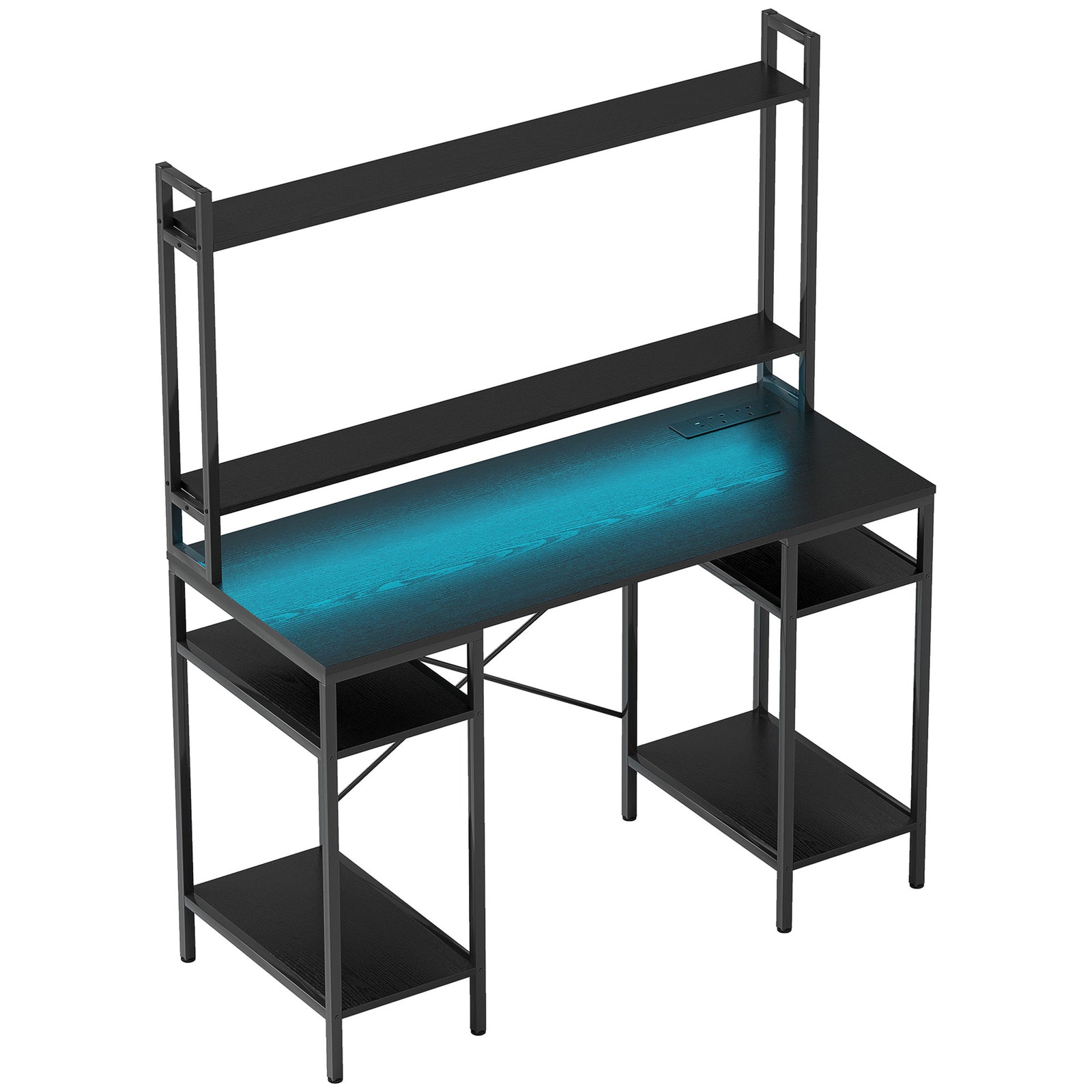 Computer Desk with Power Outlets and LED Lights, Home Office Desk with Monitor Stand, 2 CPU Stands and Storage Shelves, Study Table Gaming Desk with Hutch, Black