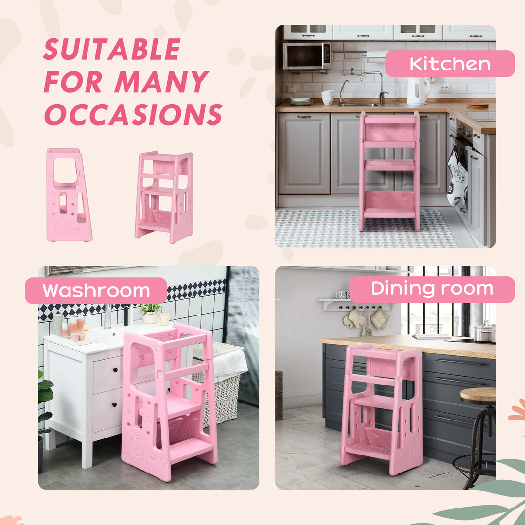 Kids Step Stool, Adjustable Standing Platform, Toddler Kitchen Stool, Pink