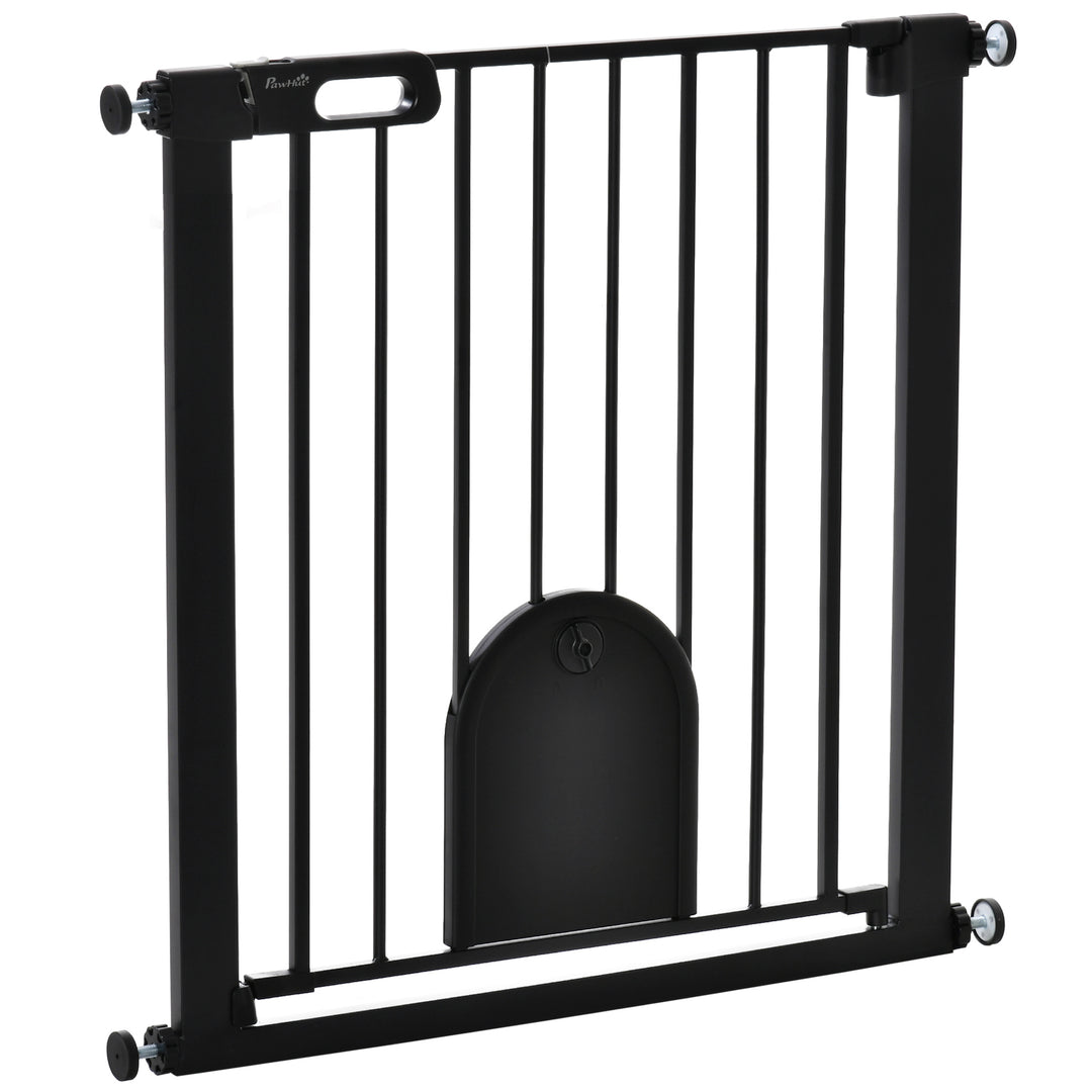 MCL Dog Gate with Cat Flap Pet Safety Gate Barrier, Stair Pressure Fit, Auto Close, Double Locking, for Doorways, Hallways, 75-82 cm Black