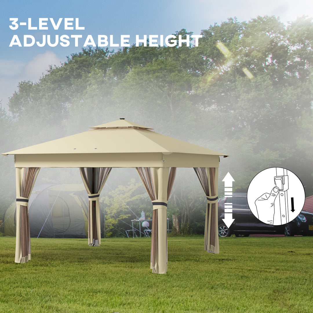 3 x 3(m) Pop Up Gazebo Party Tent with Solar-Powered LED Lights, Adjustable Event Shelter with Netting, Khaki