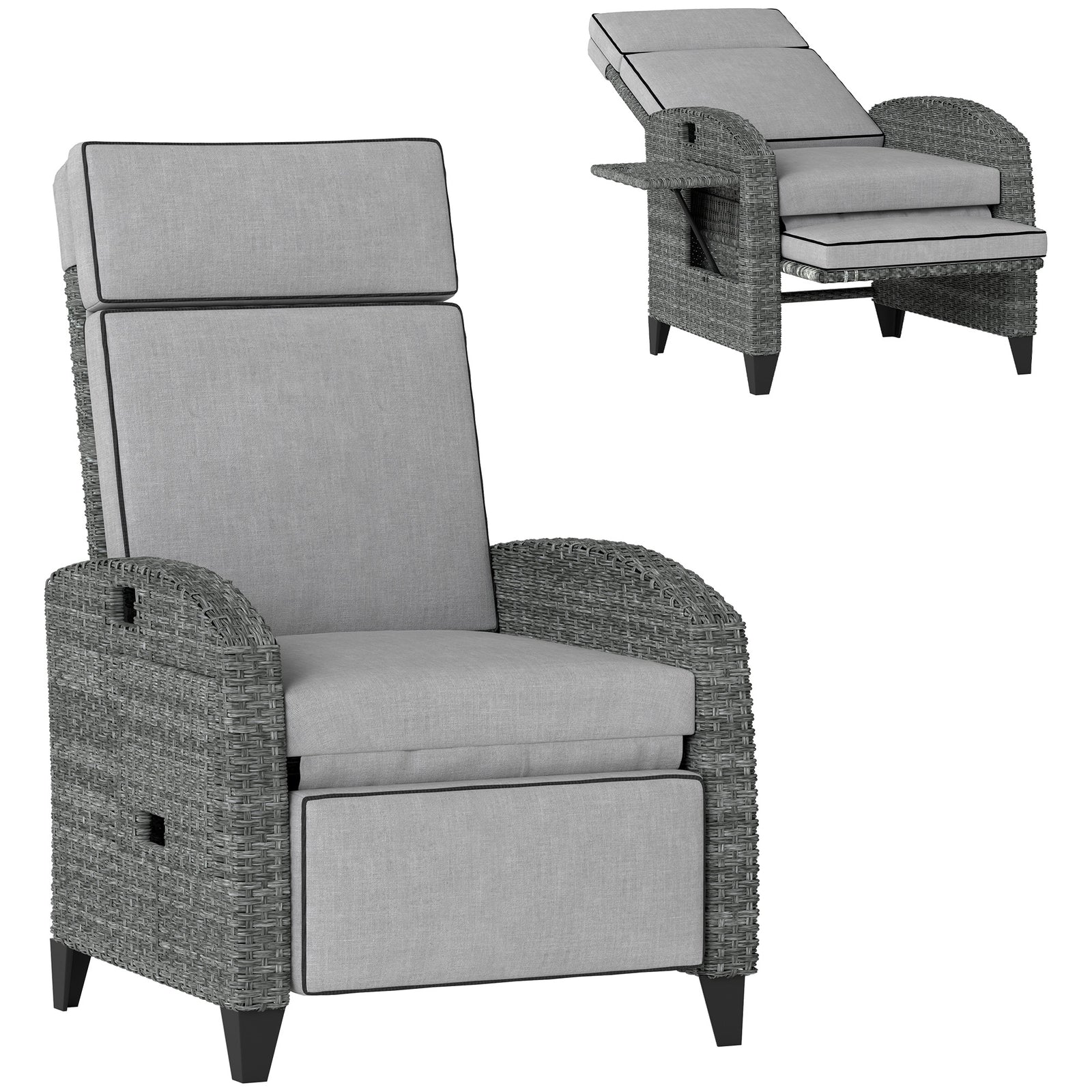Outdoor Recliner Chair with Adjustable Backrest and Footrest, Cushion, Side Tray, Light Grey/Grey
