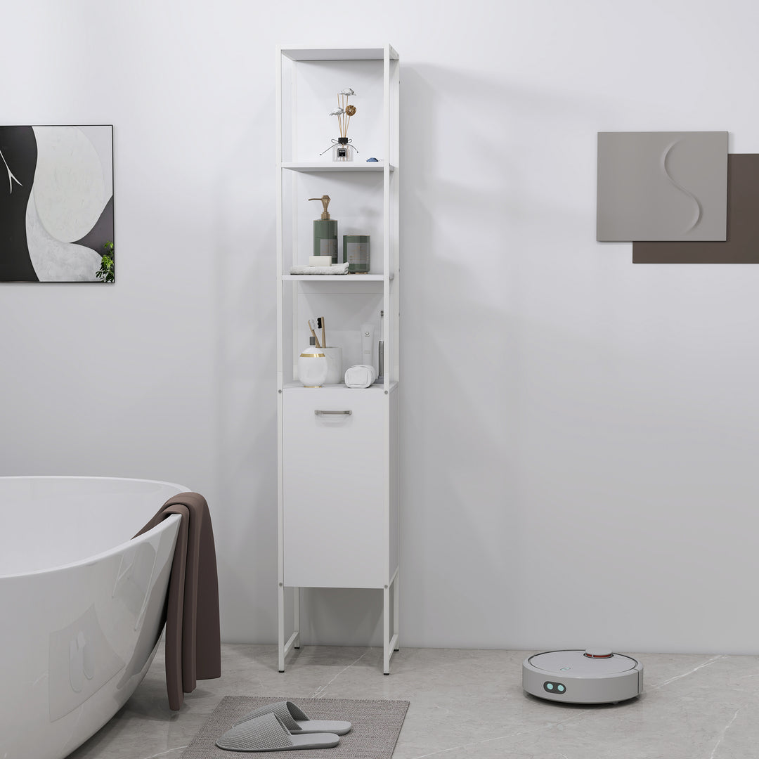 Tall Bathroom Cabinet with Open Shelves and Adjustable Shelf - White