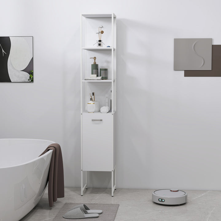 Tall Bathroom Cabinet with Open Shelves and Adjustable Shelf - White