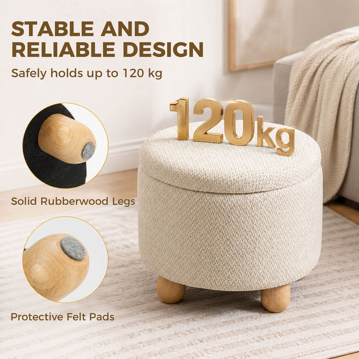 Storage Sitting Bench with Lid, Round Storage Ottoman with Rubberwood 