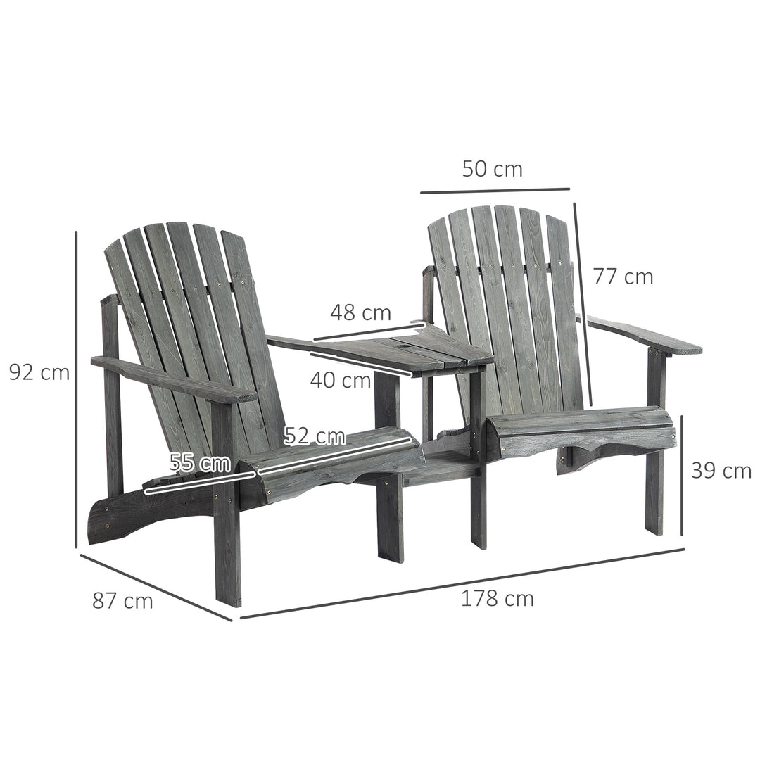 Wooden Outdoor Double Adirondack Chairs Loveseat w/ Centre Table and Umbrella Hole, Garden Patio Furniture for Lounging and Relaxing, Grey