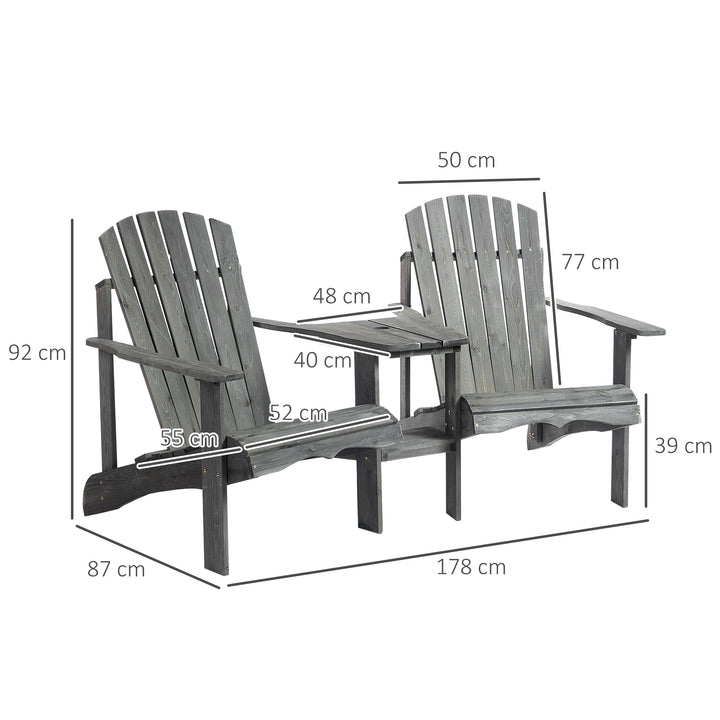 Wooden Outdoor Double Adirondack Chairs Loveseat w/ Centre Table and Umbrella Hole, Garden Patio Furniture for Lounging and Relaxing, Grey
